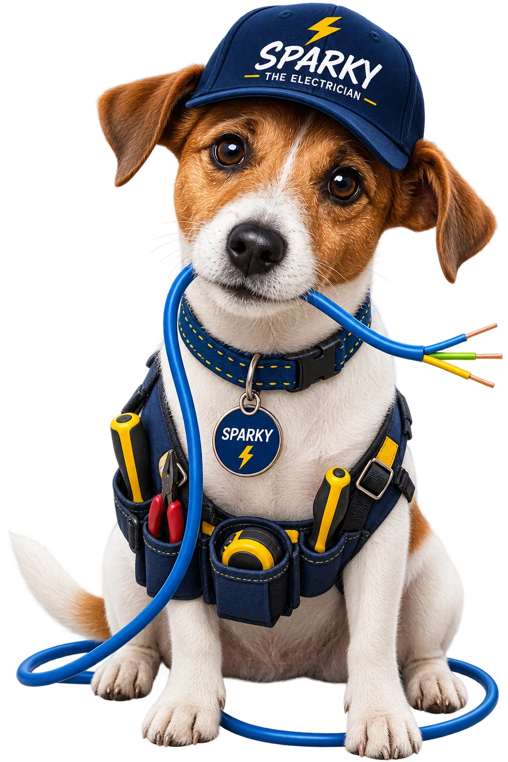 Sparky, TAB Electrical's Jack Russell mascot, wearing a tool belt and a Sparky the Electrician cap